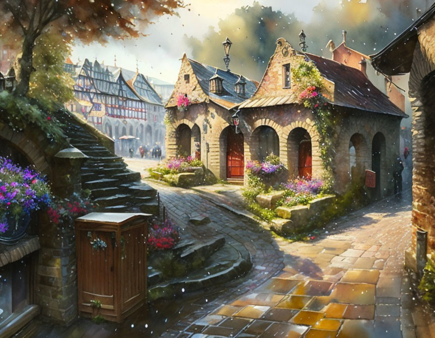 Charming cobblestone street with stone houses and snowfall