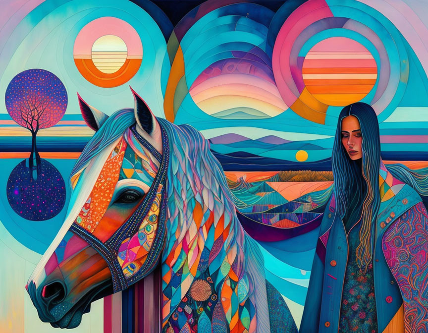 Colorful surreal landscape with woman and mosaic horse.