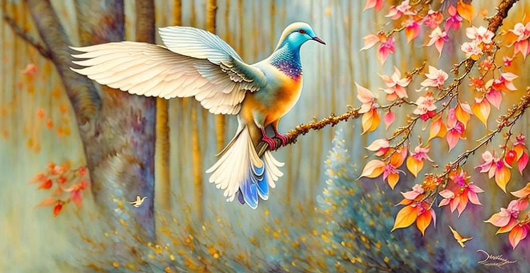 Iridescent dove in flight perched on blossoming tree branch