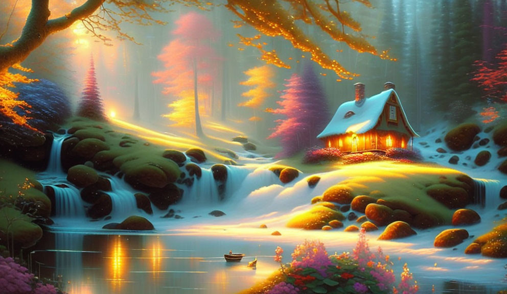 Enchanted forest scene with glowing trees and cottage by stream