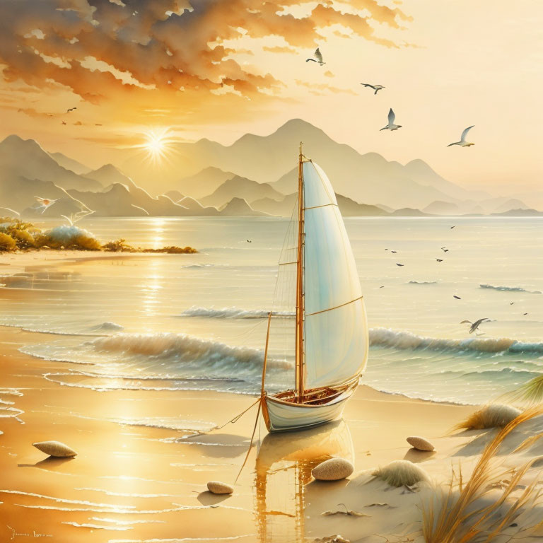 Tranquil beach sunrise with sailboat, mountains, birds, and calm waters