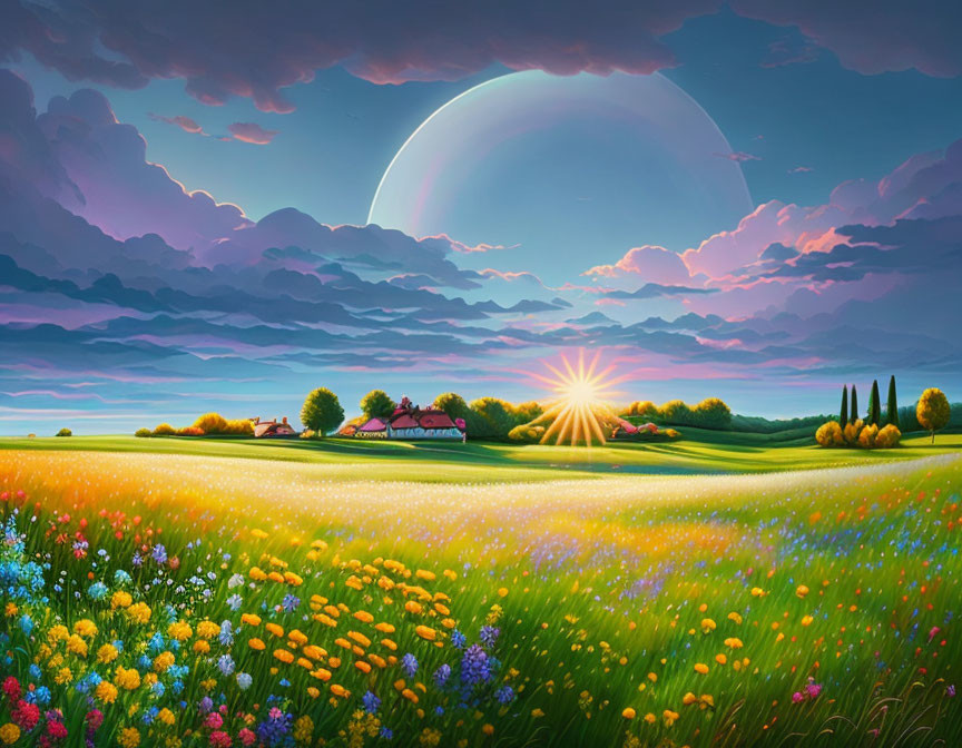 Colorful sunset landscape with flowers, farmhouse, hills, trees, and crescent moon.