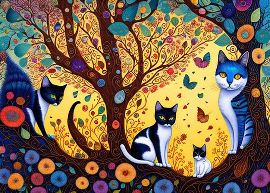 Colorful Artwork: Four Cats in Floral Setting with Autumn Tree