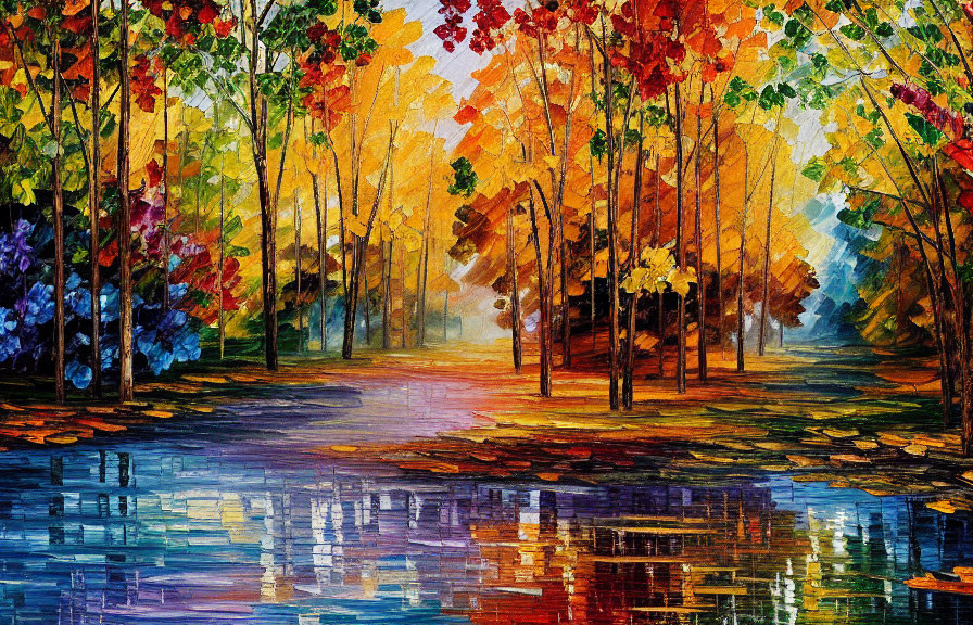 Colorful Autumn Park Oil Painting with Trees and Water Reflections