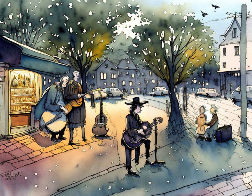 Two musicians playing guitars in snowy street corner at dusk