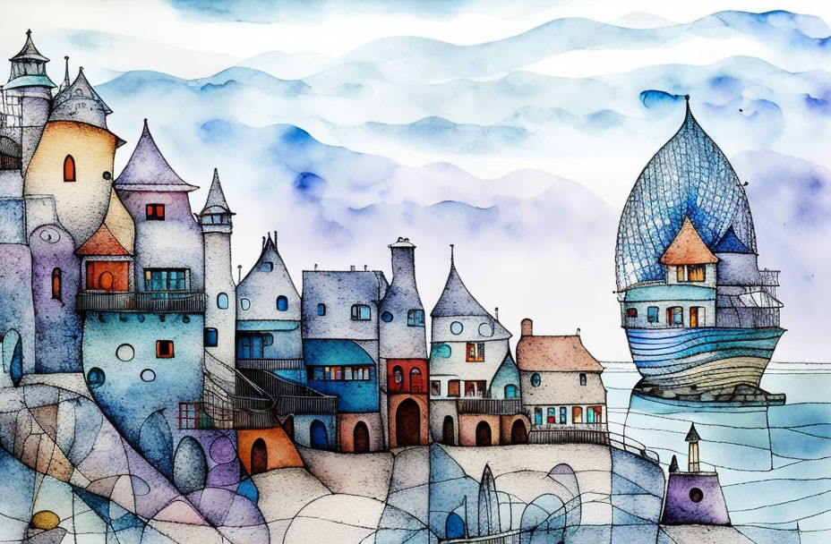 Colorful Watercolor Painting of Whimsical Village & Floating Ship-building