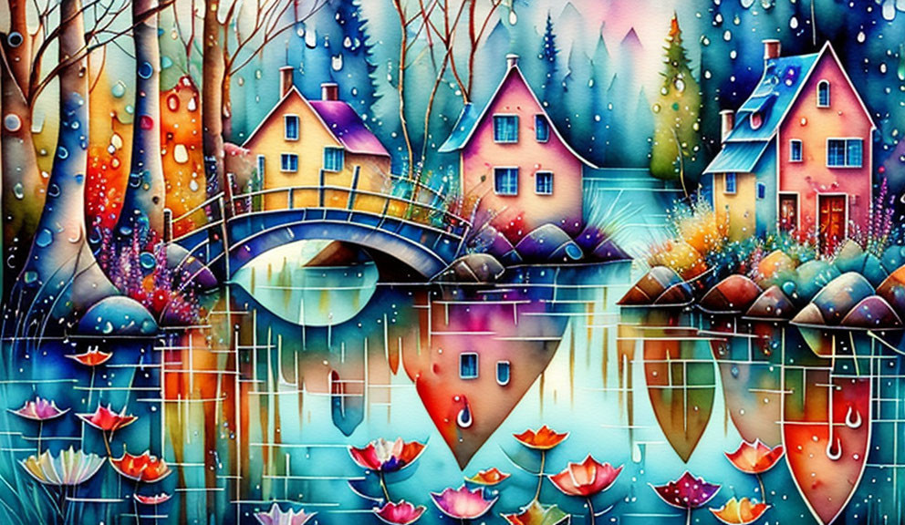 Whimsical houses by river: vibrant watercolor scene