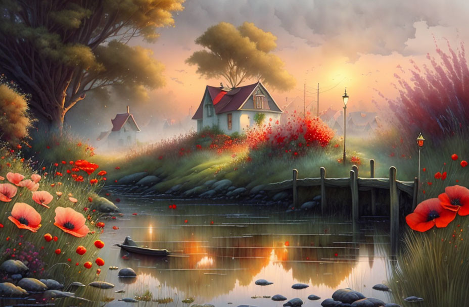 Tranquil sunset landscape with lake, poppies, boat, street lamps, and cozy houses