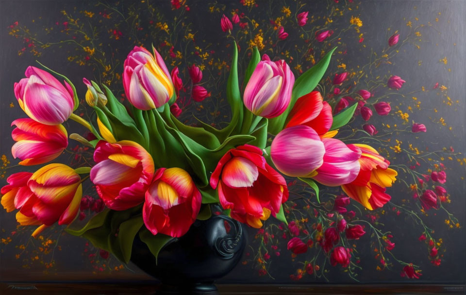 Colorful tulips in black vase on dark background