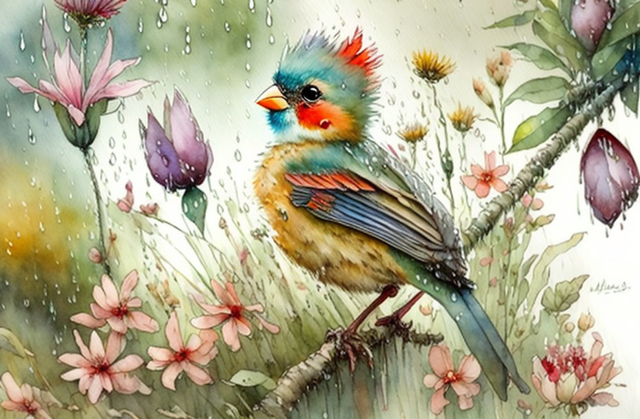 Colorful Bird Illustration on Branch with Flowers and Rainy Background