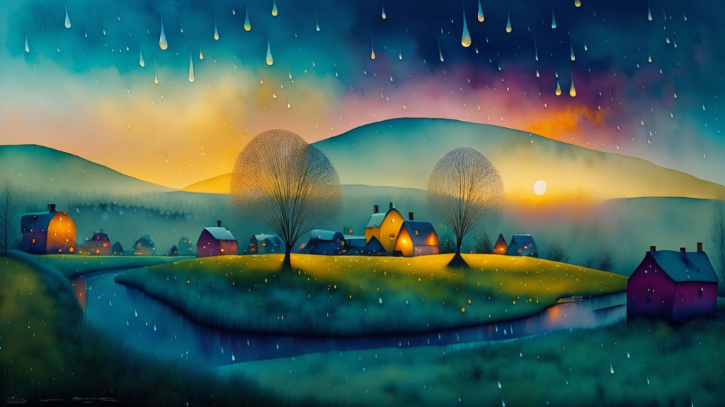 Serene village landscape painting at dusk with glowing houses, river, hills, and colorful sky