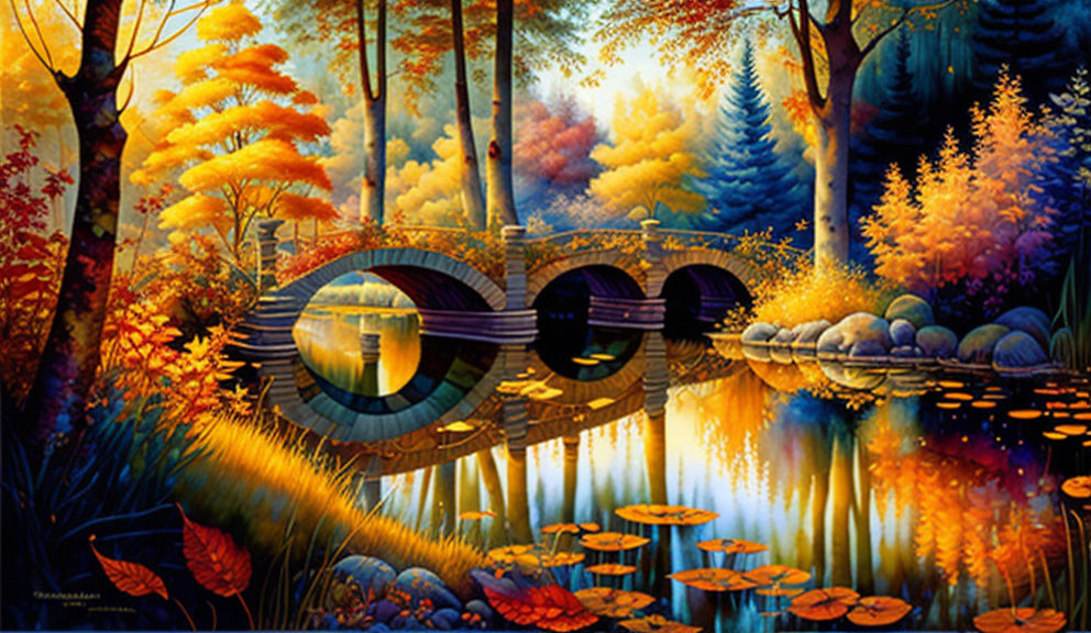 Colorful Autumn Forest Scene: Stone Bridge Over Calm River