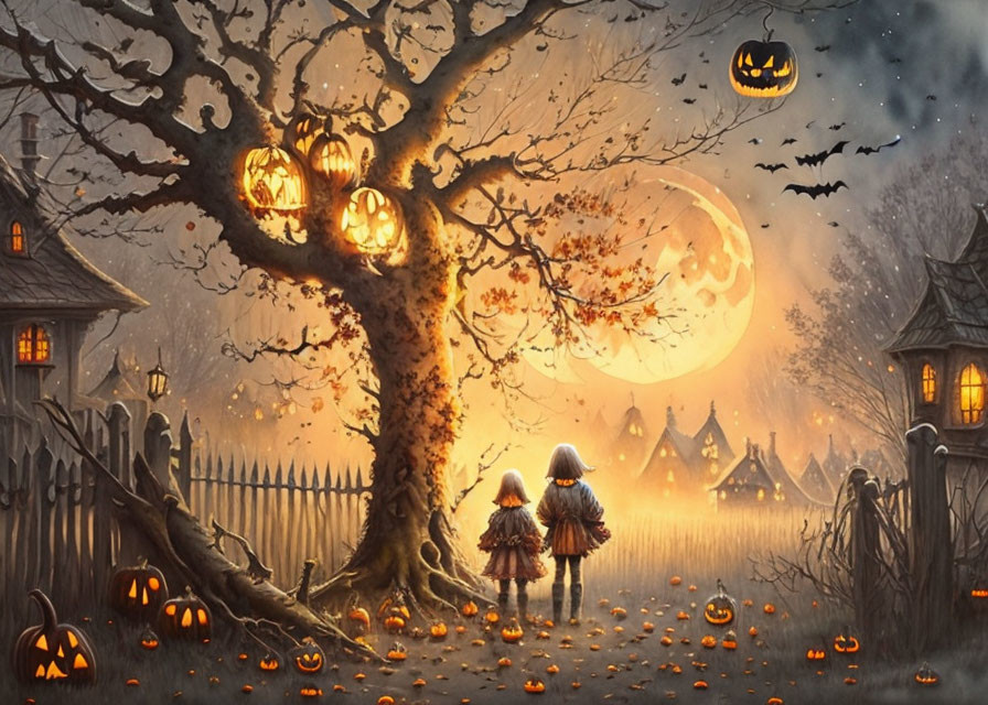 Children in costumes approach spooky house under full moon and jack-o'-lanterns.