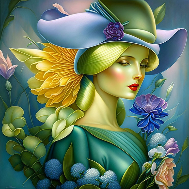 Stylized portrait of woman with wide-brimmed hat and purple flower in lush flora