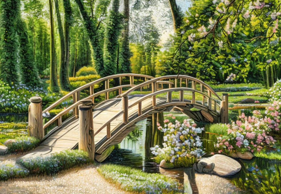 Tranquil garden scene with wooden bridge and lush greenery