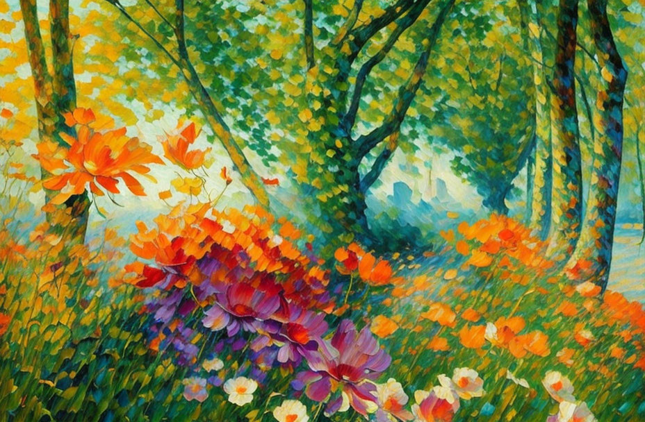 Colorful impressionist painting: Flower-filled forest clearing with orange, purple, and white blooms.