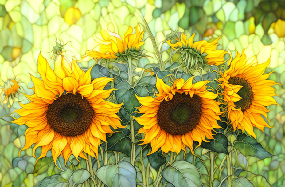 Bright sunflower painting with yellow petals and stained-glass patterns