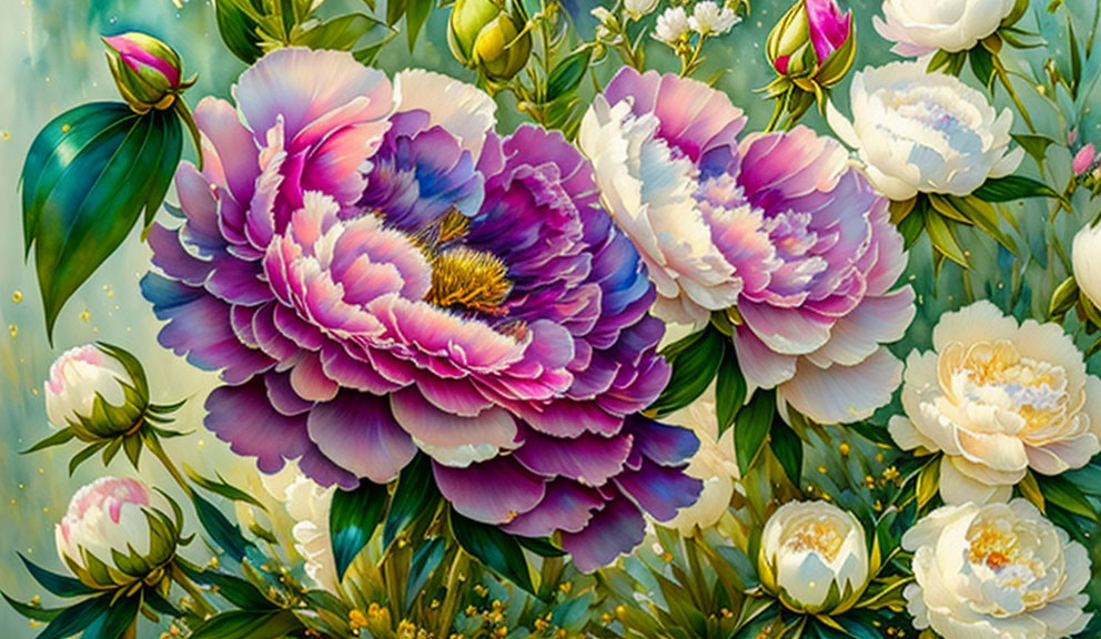 Detailed Purple and White Peonies Painting with Dreamy Background