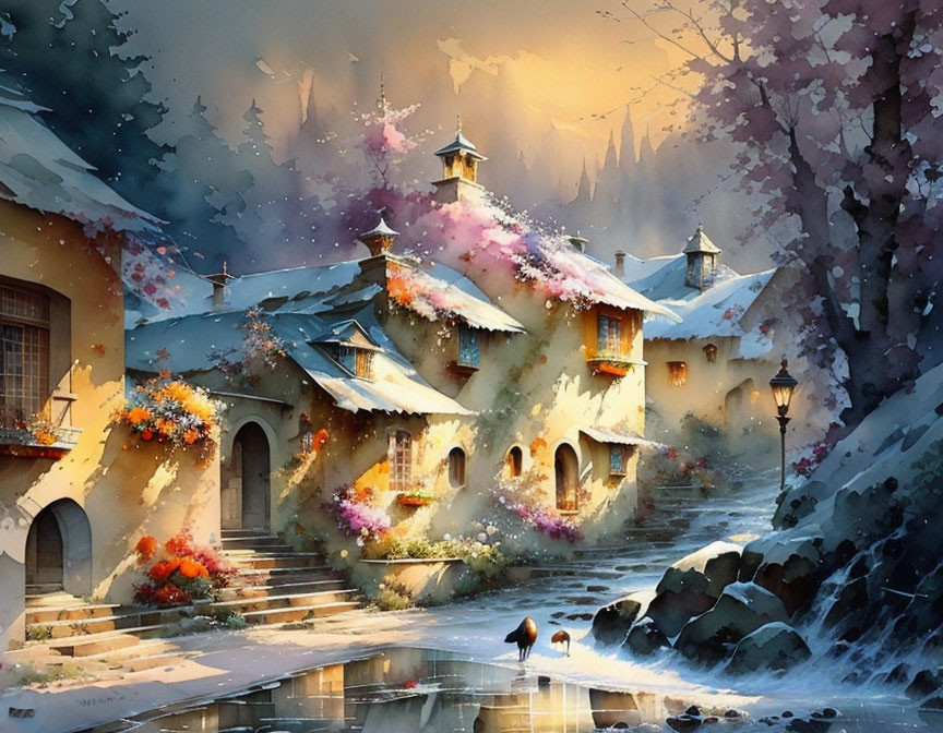 Snow-covered village with colorful trees, bird, and cozy cottages in serene winter scene