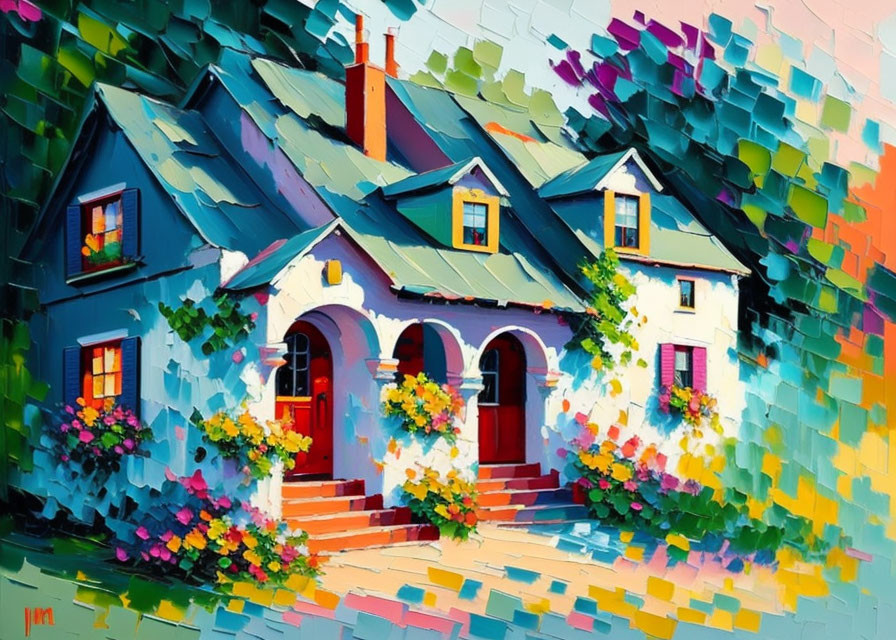 Colorful Impressionist Painting of Quaint House and Flowers