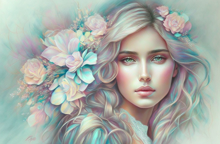 Young Woman with Wavy Hair and Pastel Flowers in Dreamy Digital Painting