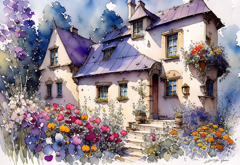 Colorful Cottage Illustration Surrounded by Lush Gardens