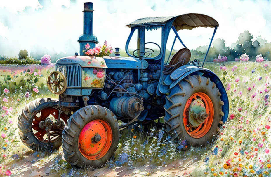 Vintage Blue Tractor in Colorful Wildflower Field on Sunny Day