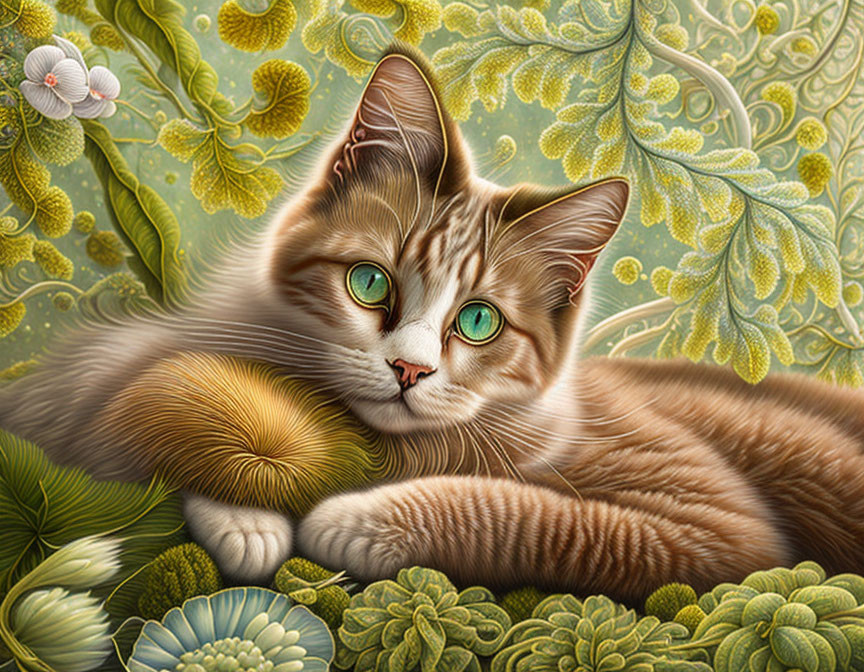 Orange Tabby Cat Among Green Foliage and White Flowers Illustration