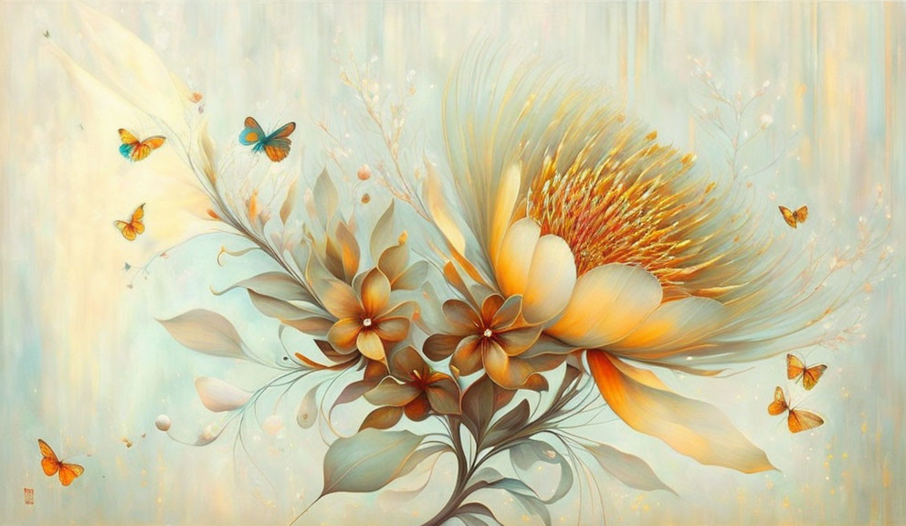 Stylized floral arrangement with butterflies on pastel background