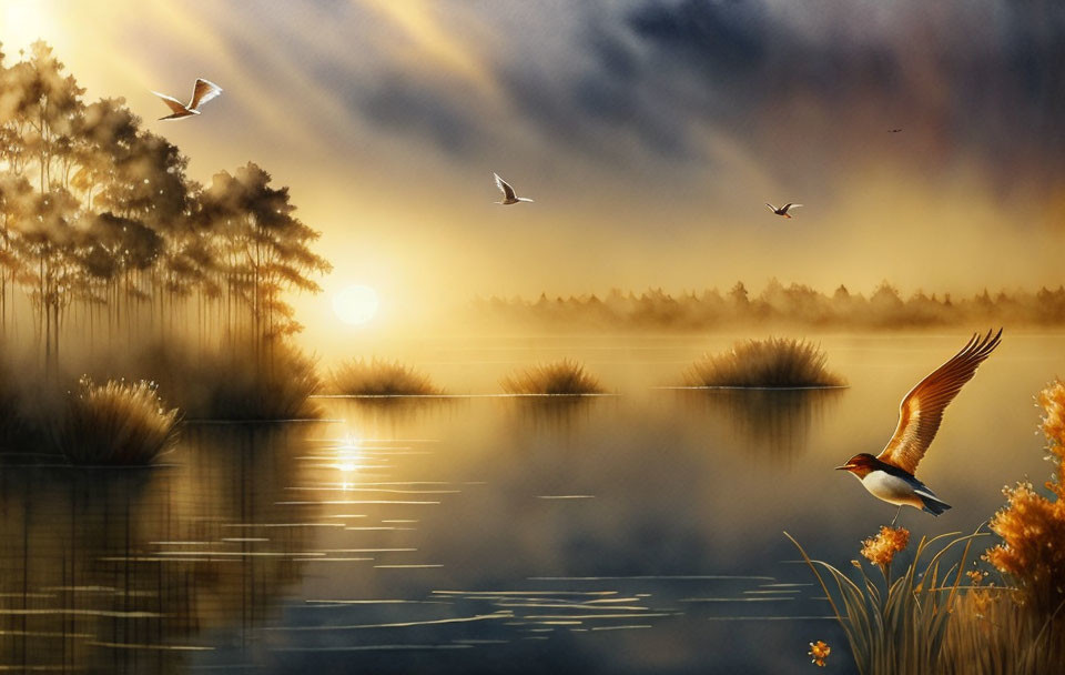 Tranquil sunrise lake scene with flying birds, misty sunbeams, and silhouet