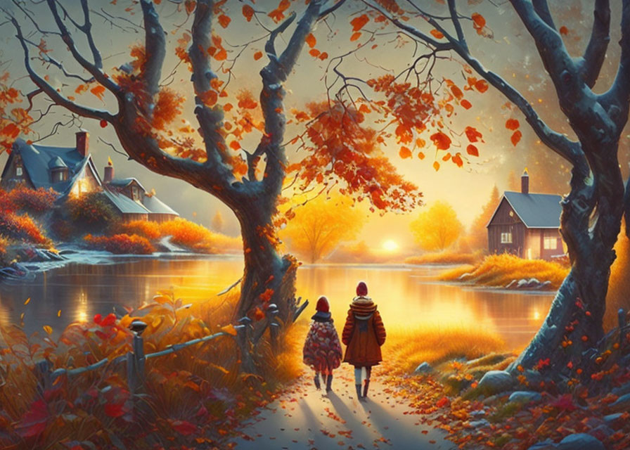 Children walking by serene river in autumn setting with cozy houses and golden sunset.