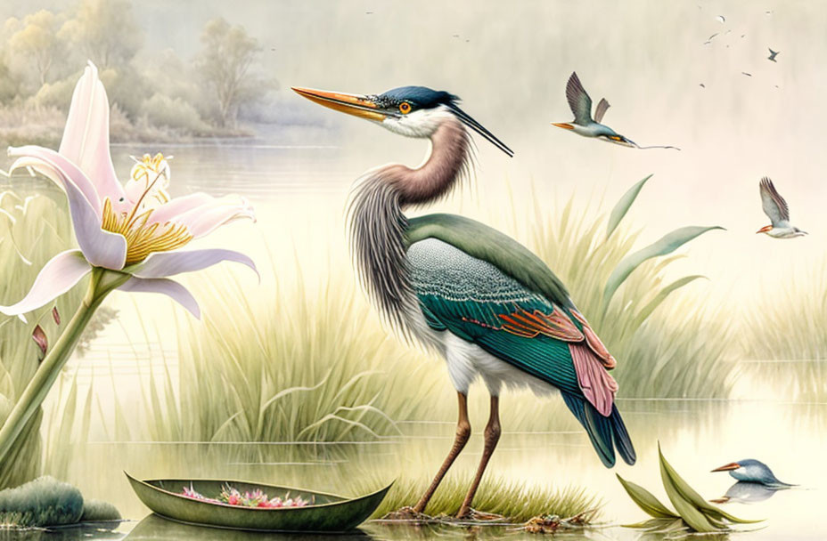 Heron amidst reeds and blooming flower in serene natural scene