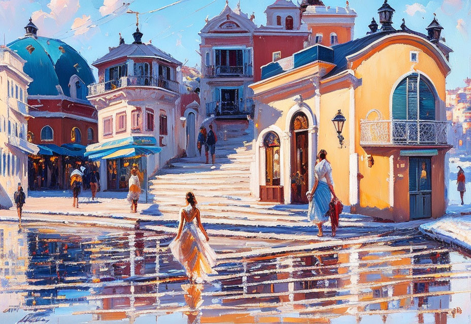 Colorful painting of sunlit Mediterranean town square with reflections on wet cobblestones