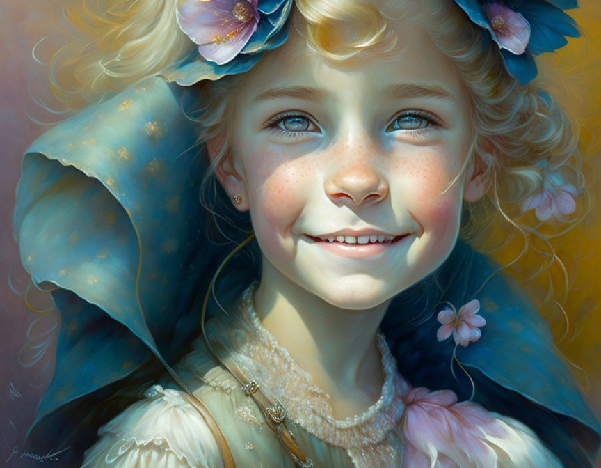 Young girl with blue eyes, freckles, flowers in blonde hair, and pearl necklace