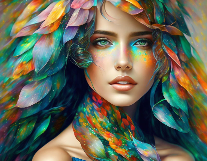 Colorful digital portrait of a woman with feather-like hair and freckles