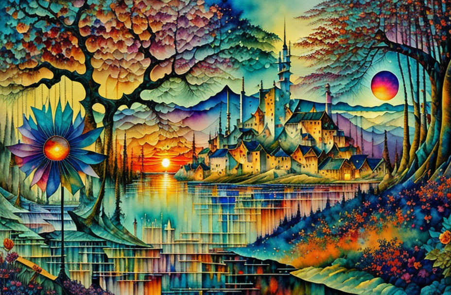 Colorful town by lake in vibrant fantasy landscape