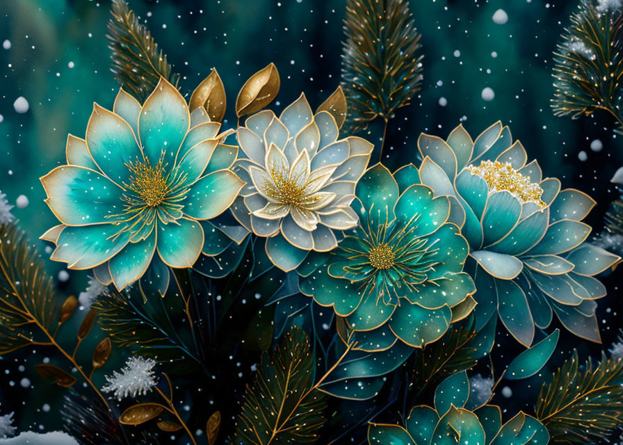 Teal and White Flowers with Gold Accents in Snowy Pine Forest