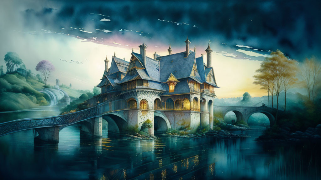 Fantastical castle on bridge with ethereal glow in mystical landscape