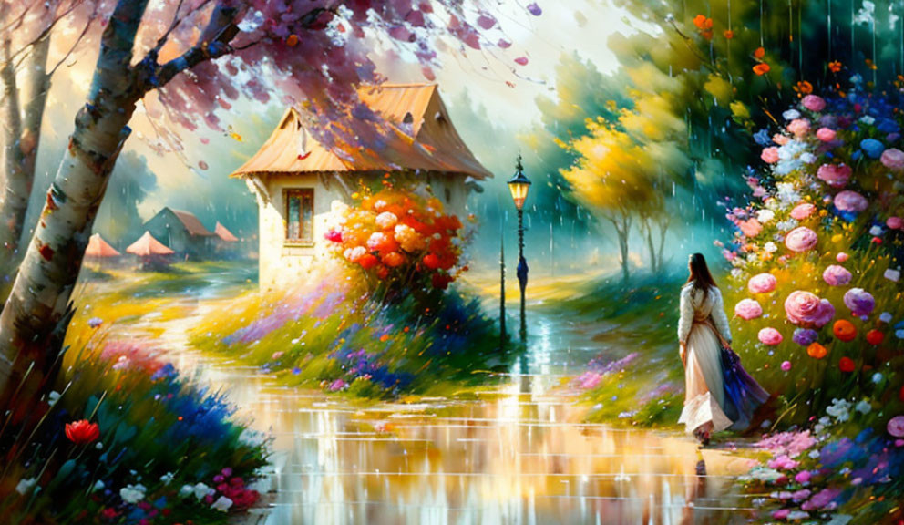 Colorful painting of woman on flower path with cottage and streetlamp