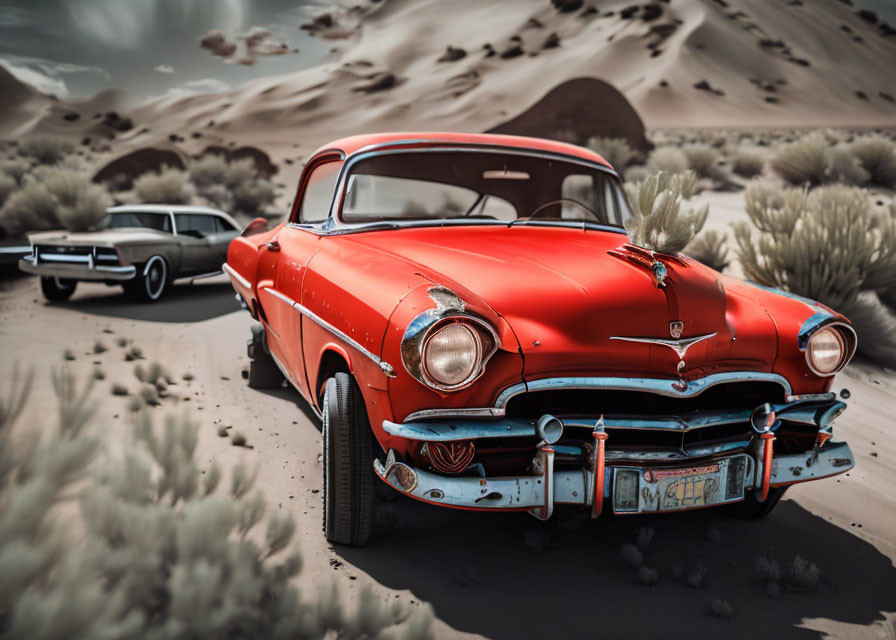 Abandoned vintage red car in desert with chrome bumper and sand dunes in background