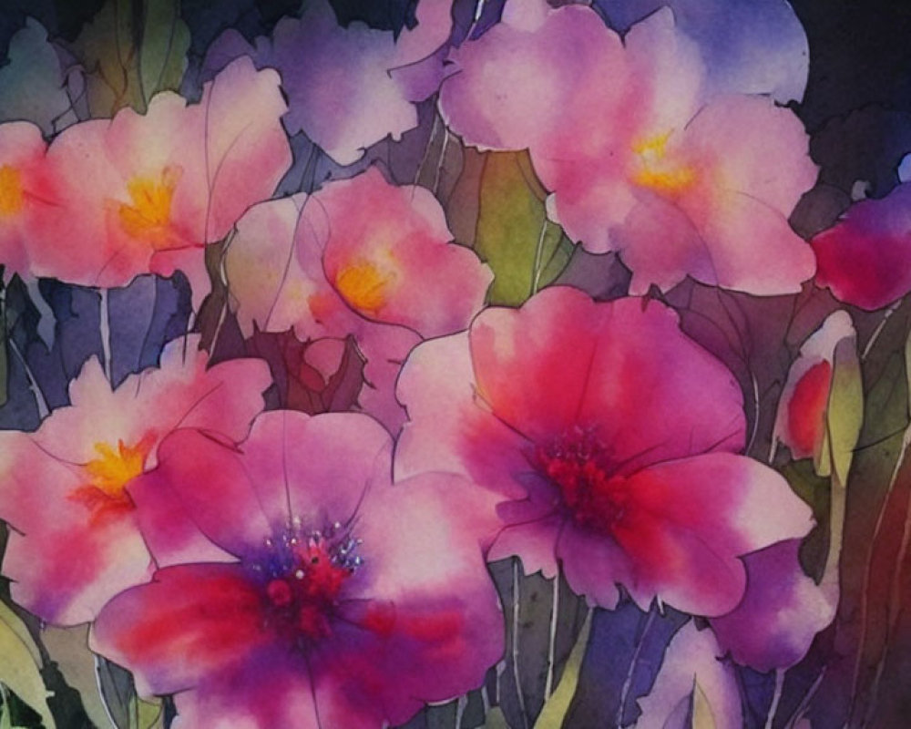 Vibrant pink and purple flowers in watercolor painting