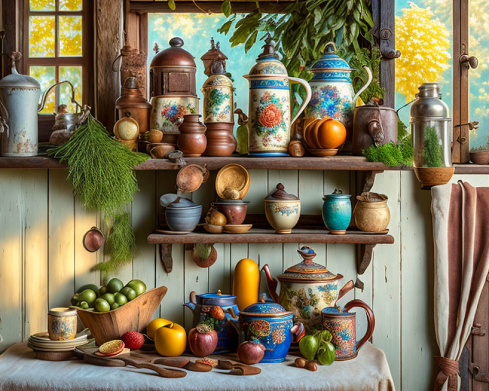 Rustic kitchen with ceramic pottery, fruits, and yellow flowers view