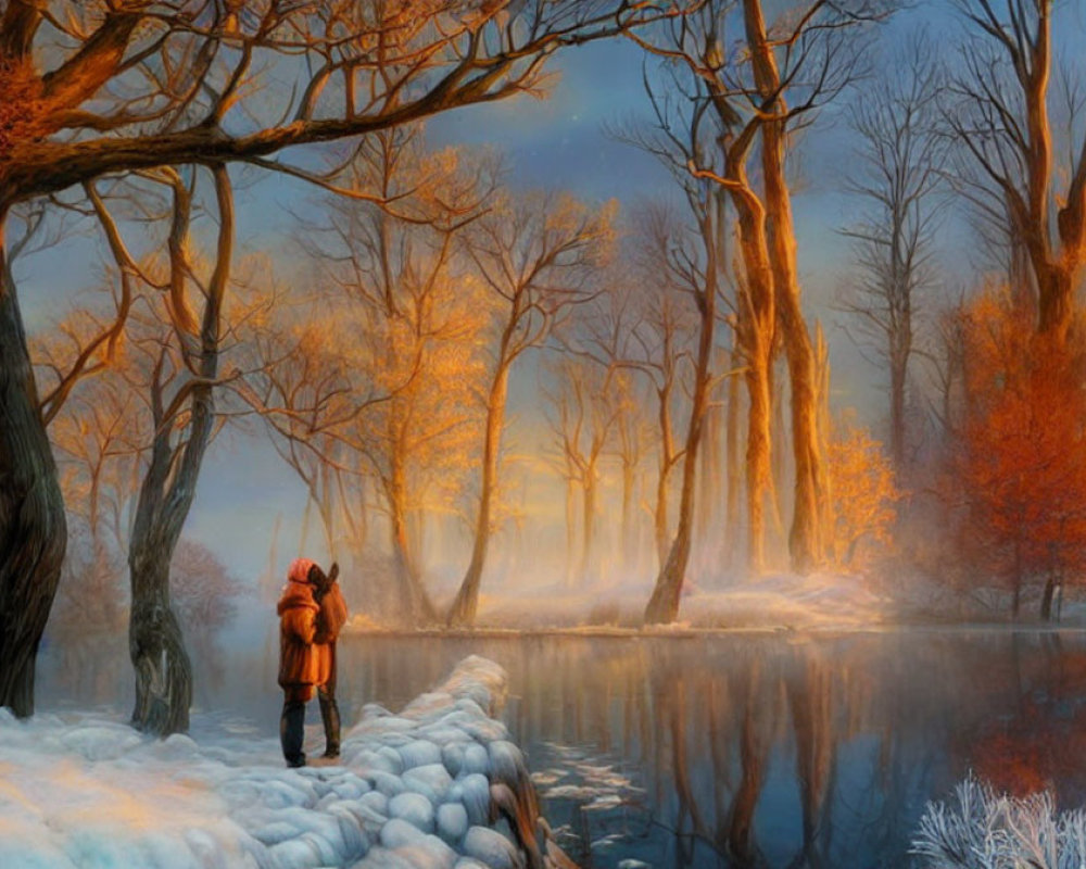 Snowy Riverbank Scene: Person in Orange Jacket Observing Winter Landscape