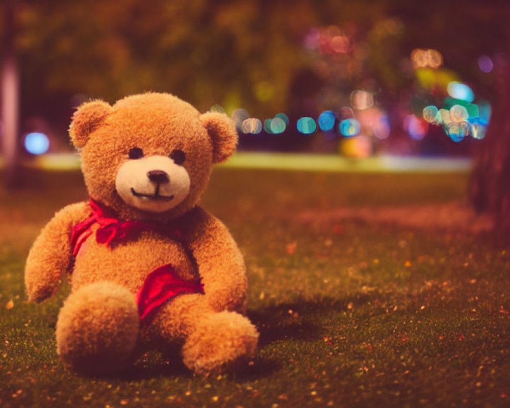 Red Bow Teddy Bear Sitting on Grass with Colorful Lights Background