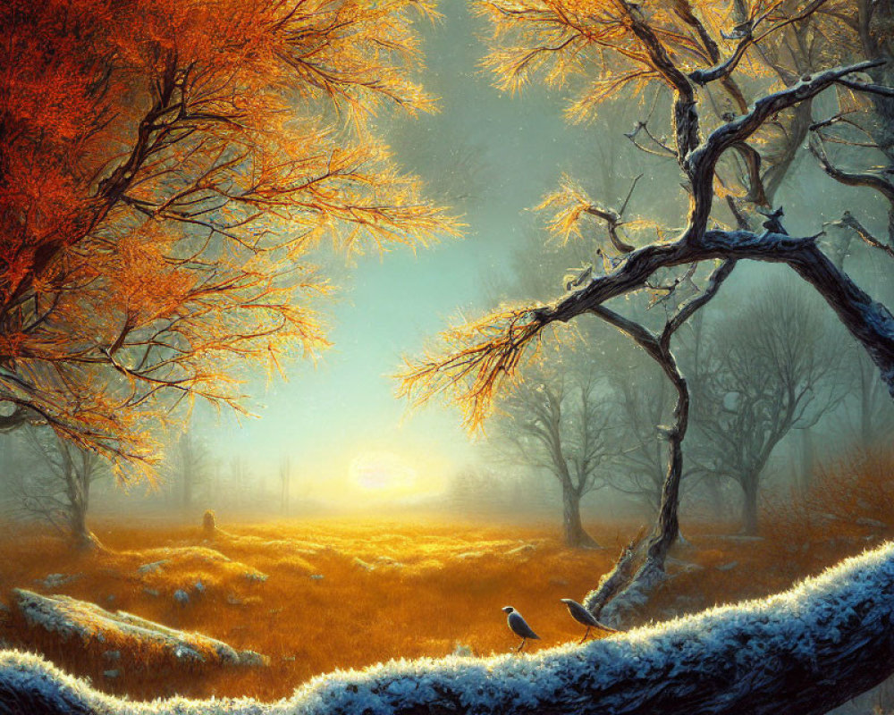 Golden-hued trees and lone bird in serene fantasy landscape at sunrise