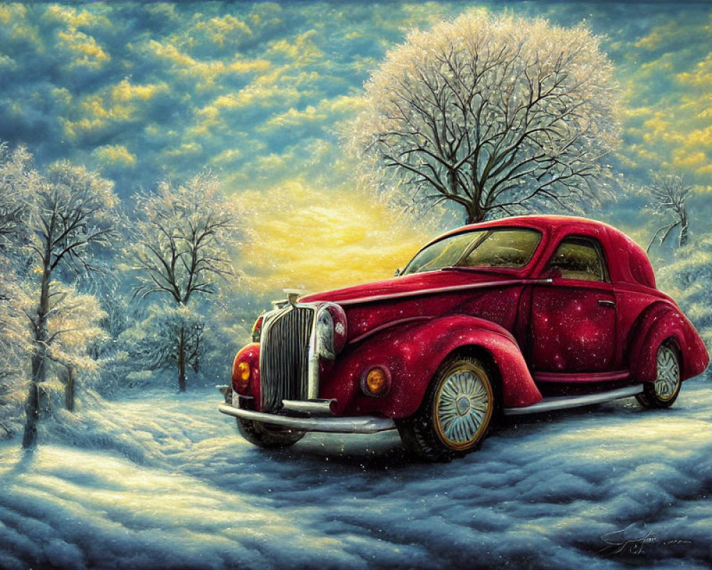 Vintage Red Car in Snowy Landscape with Bare Trees and Golden-lit Sky