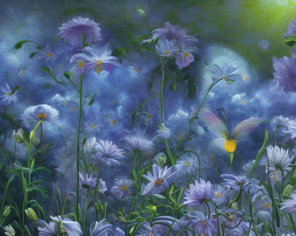 Purple and White Flowers in Mystical Garden Scene