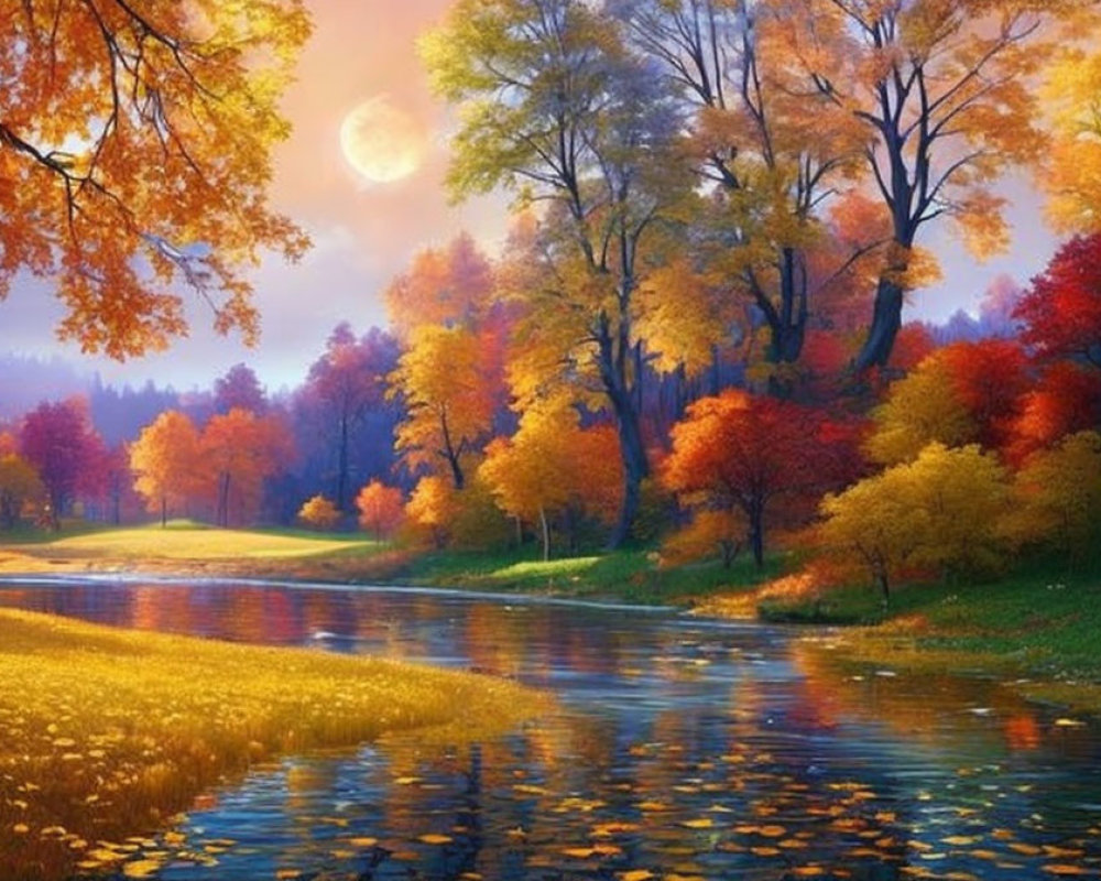 Tranquil autumn landscape with colorful foliage and moonlit river