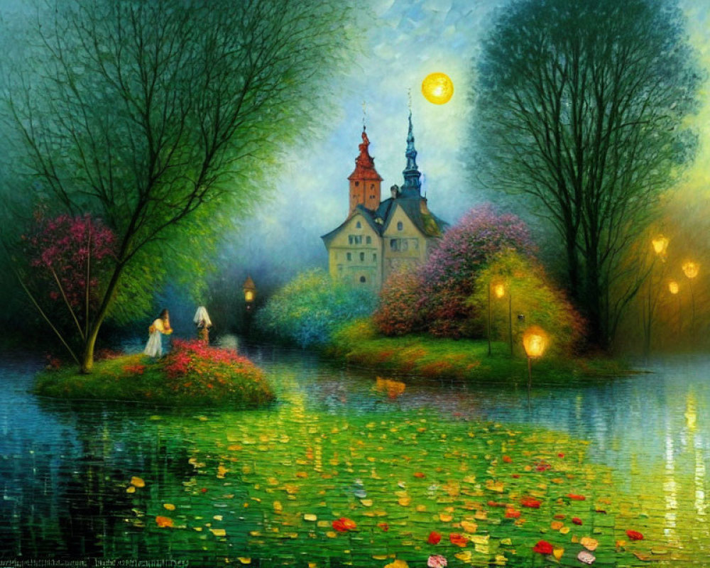 Fantastical painting of couple by moonlit lake with water lilies, glowing lamps, trees,