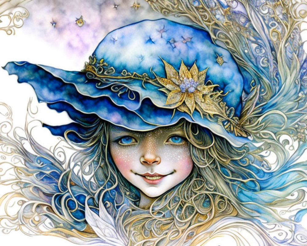 Whimsical girl with ornate hat and golden flower illustration